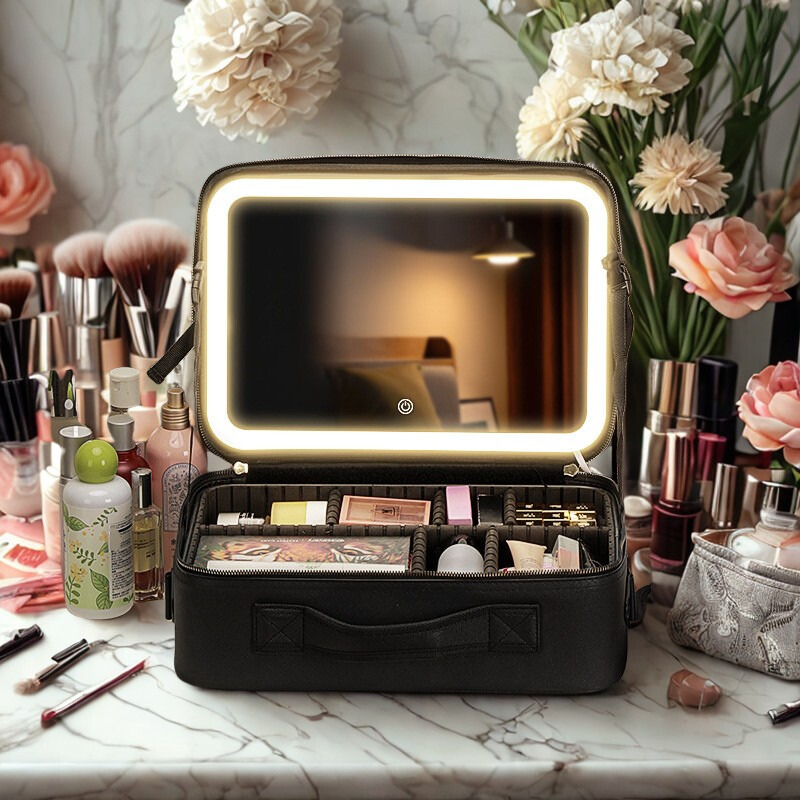 Neceser de maquillaje de viaje con espejo iluminado con LED 
