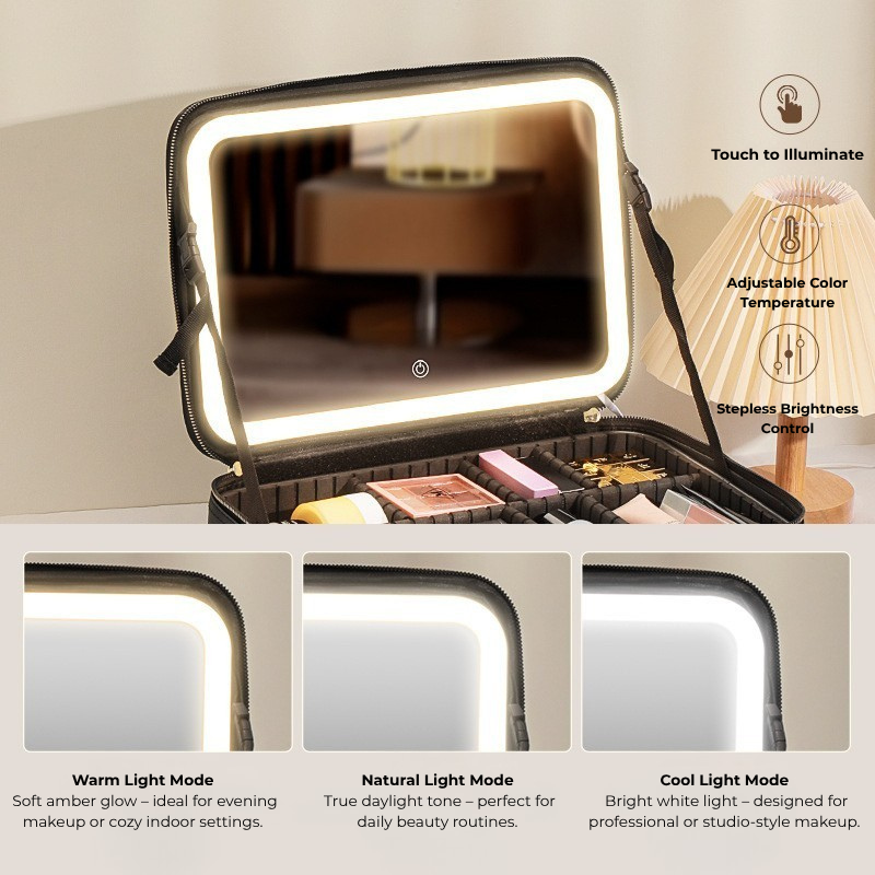 Neceser de maquillaje de viaje con espejo iluminado con LED 
