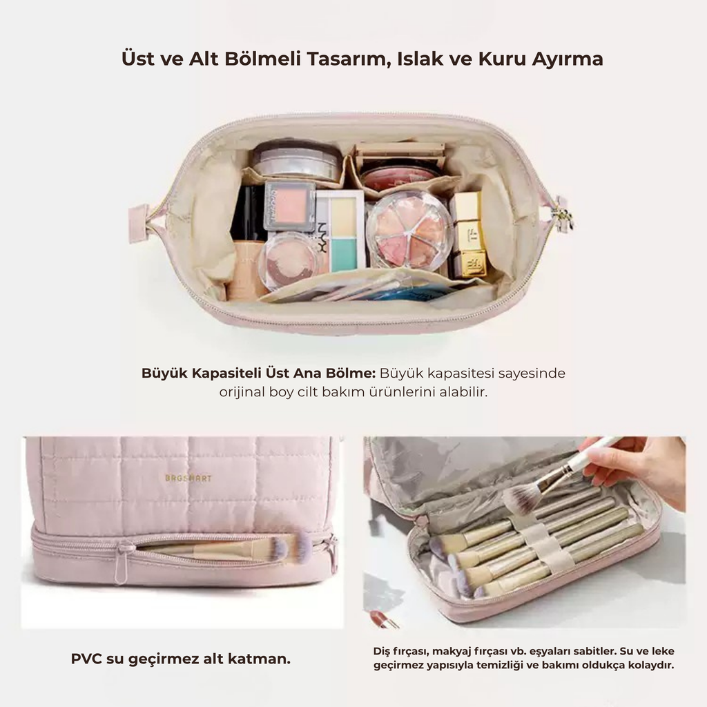 Bagsmart Çift Katmanlı Fırça Bölmeli Su Geçirmez Kadın Kozmetik Çantası