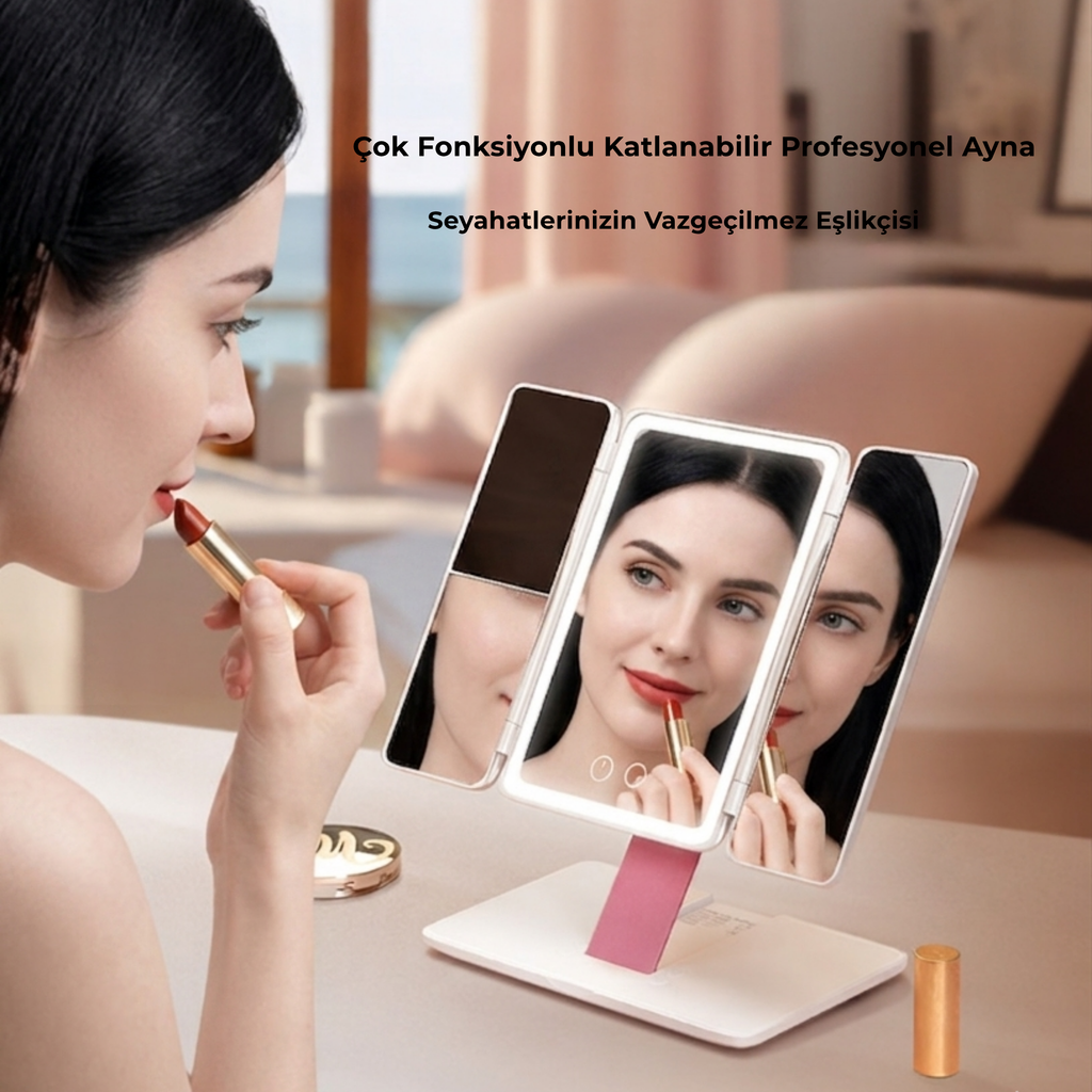 Katlanabilir Işıklı Seyahat Makyaj Aynası – 3 Panelli LED’li Taşınabilir Akıllı Ayna