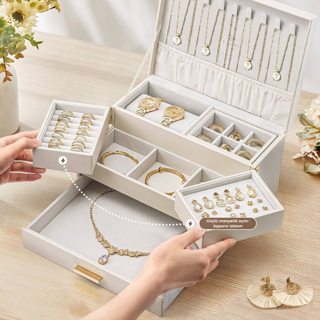 LuxeBox™ Premium Takı Organizer – Çok Katmanlı Kilitli Tasarım