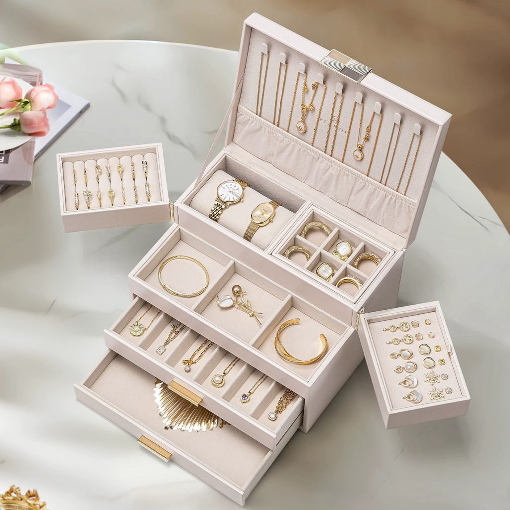 LuxeBox™ Premium Takı Organizer – Çok Katmanlı Kilitli Tasarım
