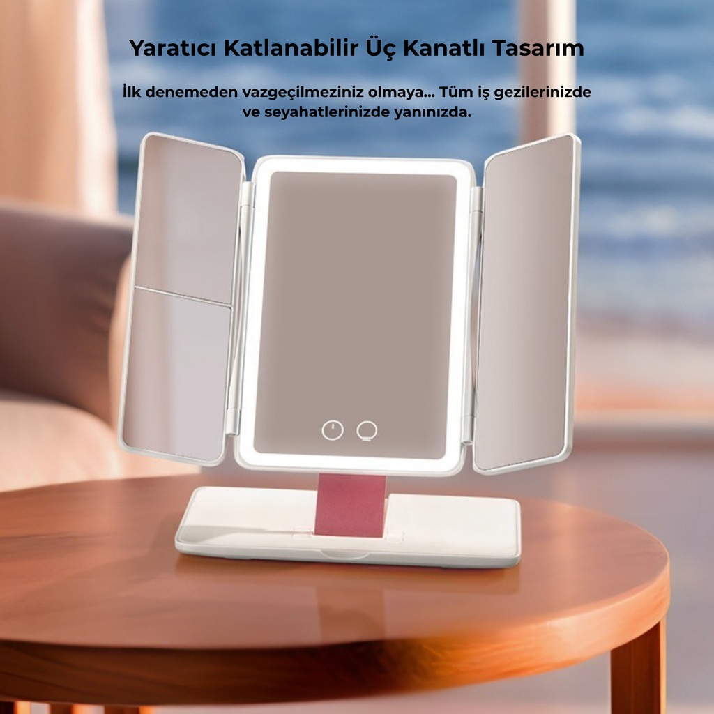 Katlanabilir Işıklı Seyahat Makyaj Aynası – 3 Panelli LED’li Taşınabilir Akıllı Ayna