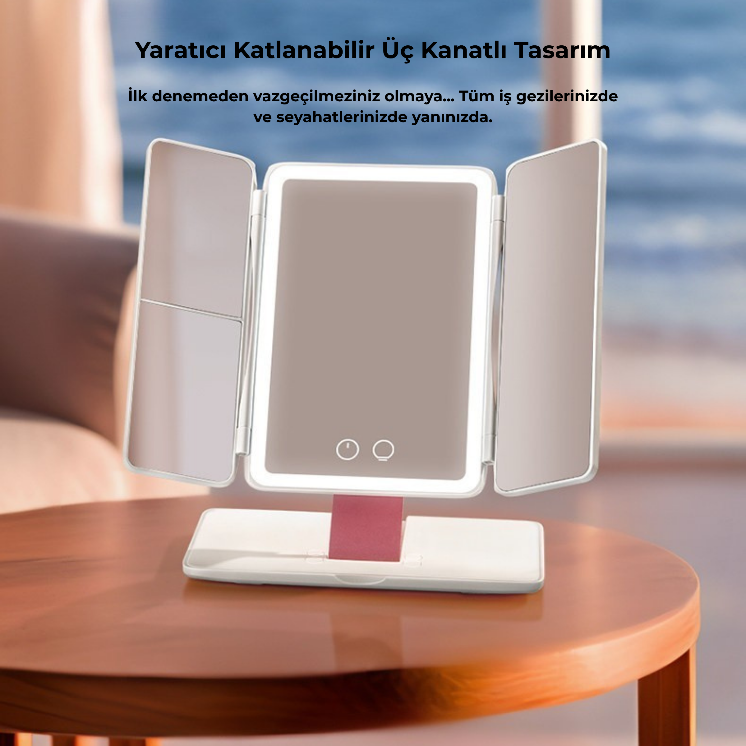 Katlanabilir Işıklı Seyahat Makyaj Aynası – 3 Panelli LED’li Taşınabilir Akıllı Ayna