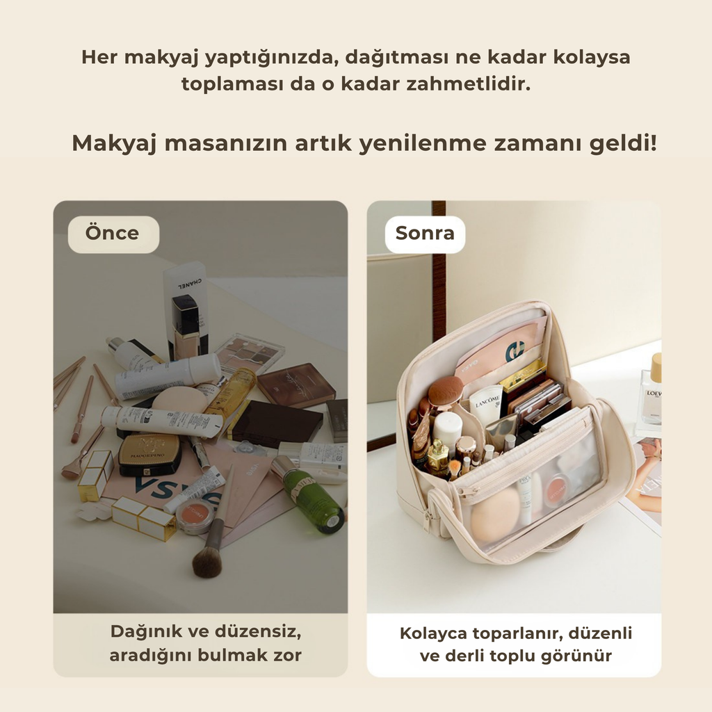 Dik Duran Makyaj Organizer Çantası – Çok Bölmeli & Suya Dayanıklı