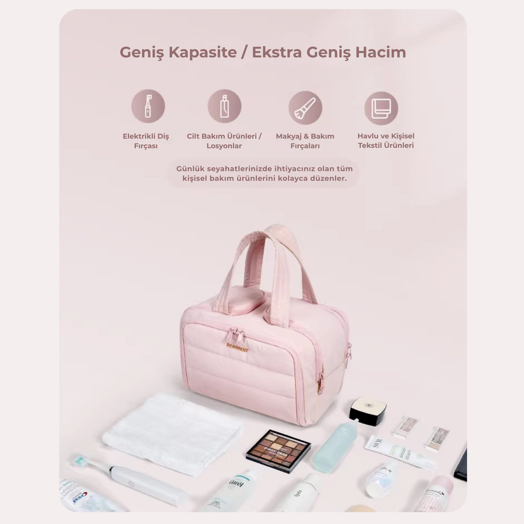 Geniş Kapasiteli Seyahat Organizer Çantası – Çok Bölmeli Makyaj & Bakım Çantası