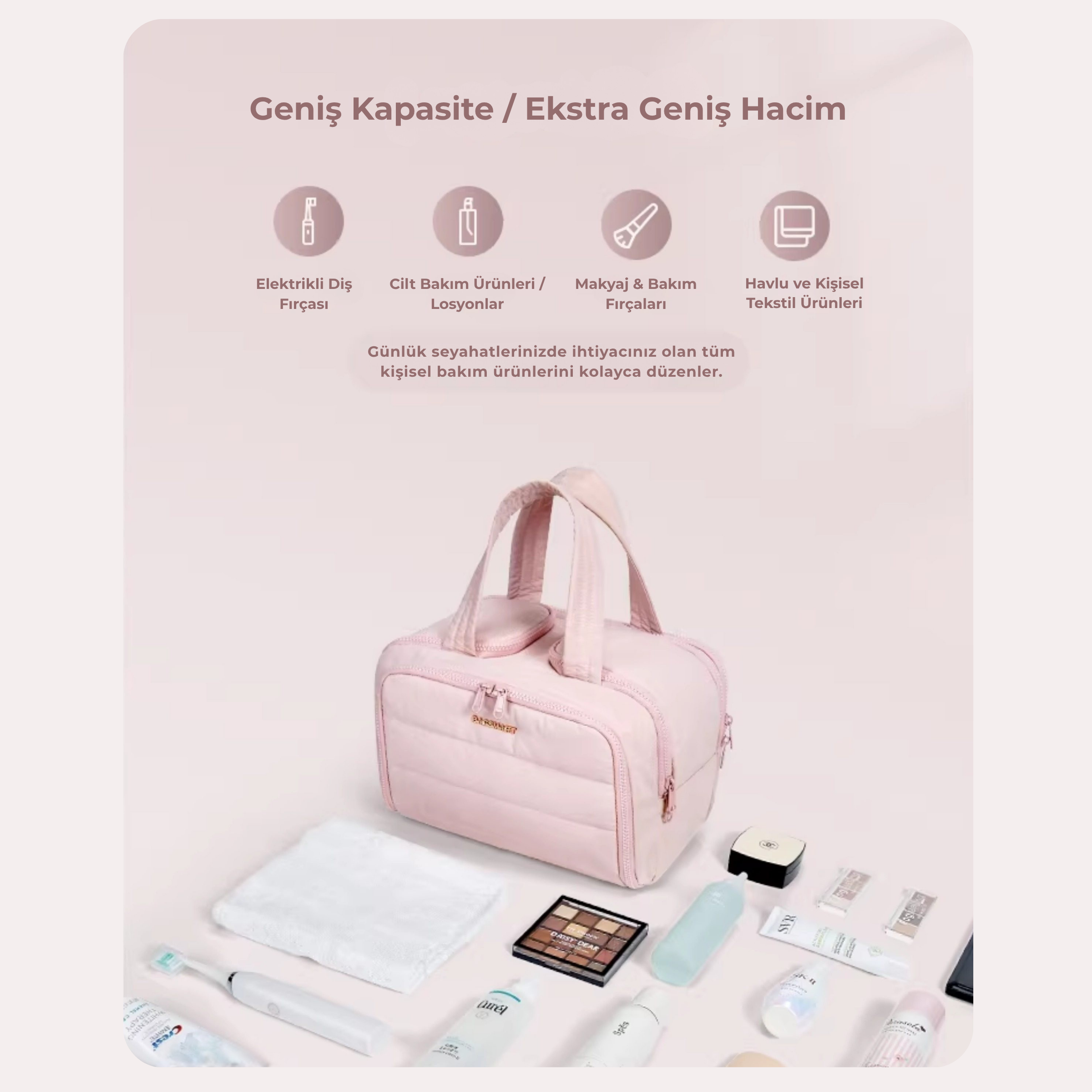 Geniş Kapasiteli Seyahat Organizer Çantası – Çok Bölmeli Makyaj & Bakım Çantası