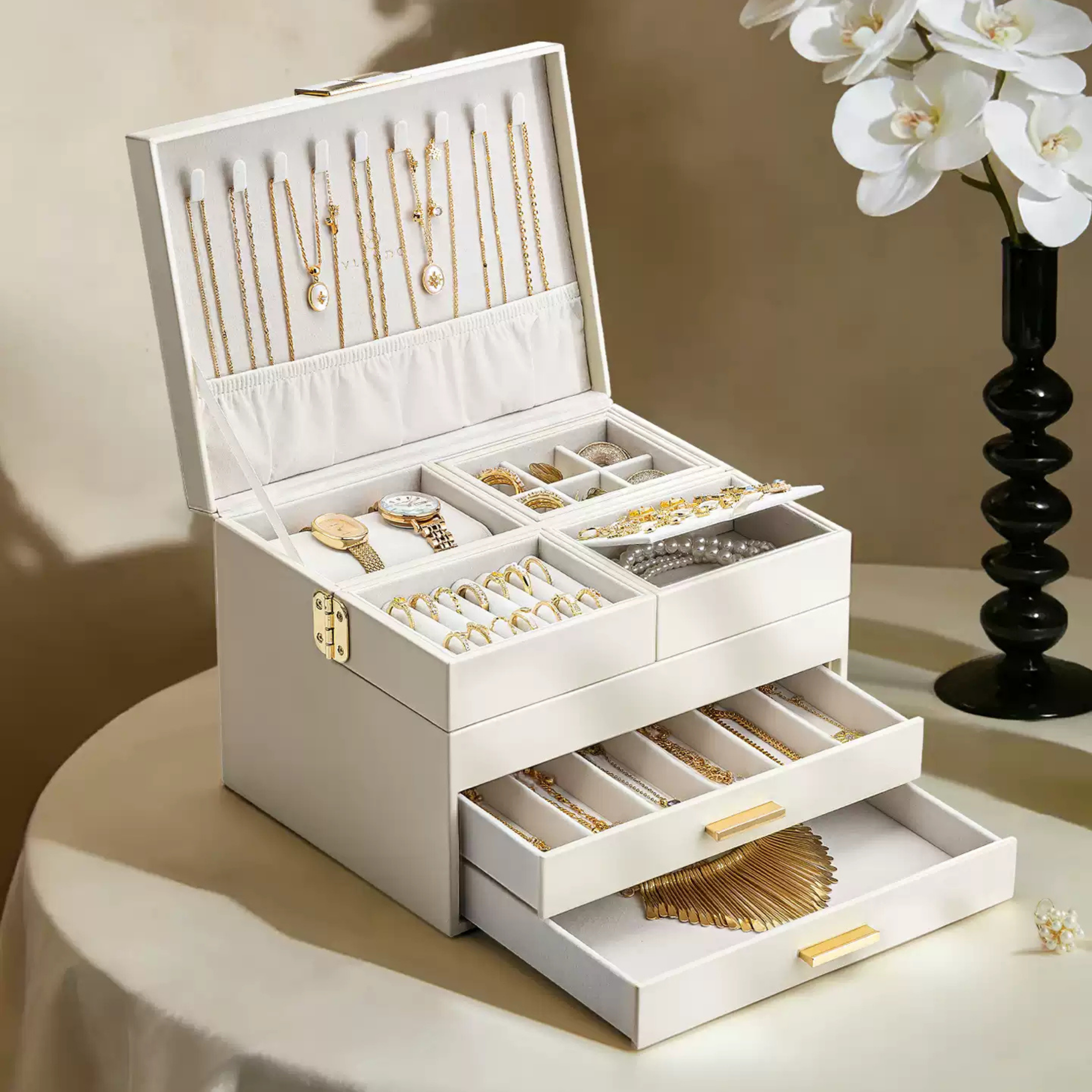 LuxeBox™ Premium Takı Organizer – Çok Katmanlı Kilitli Tasarım