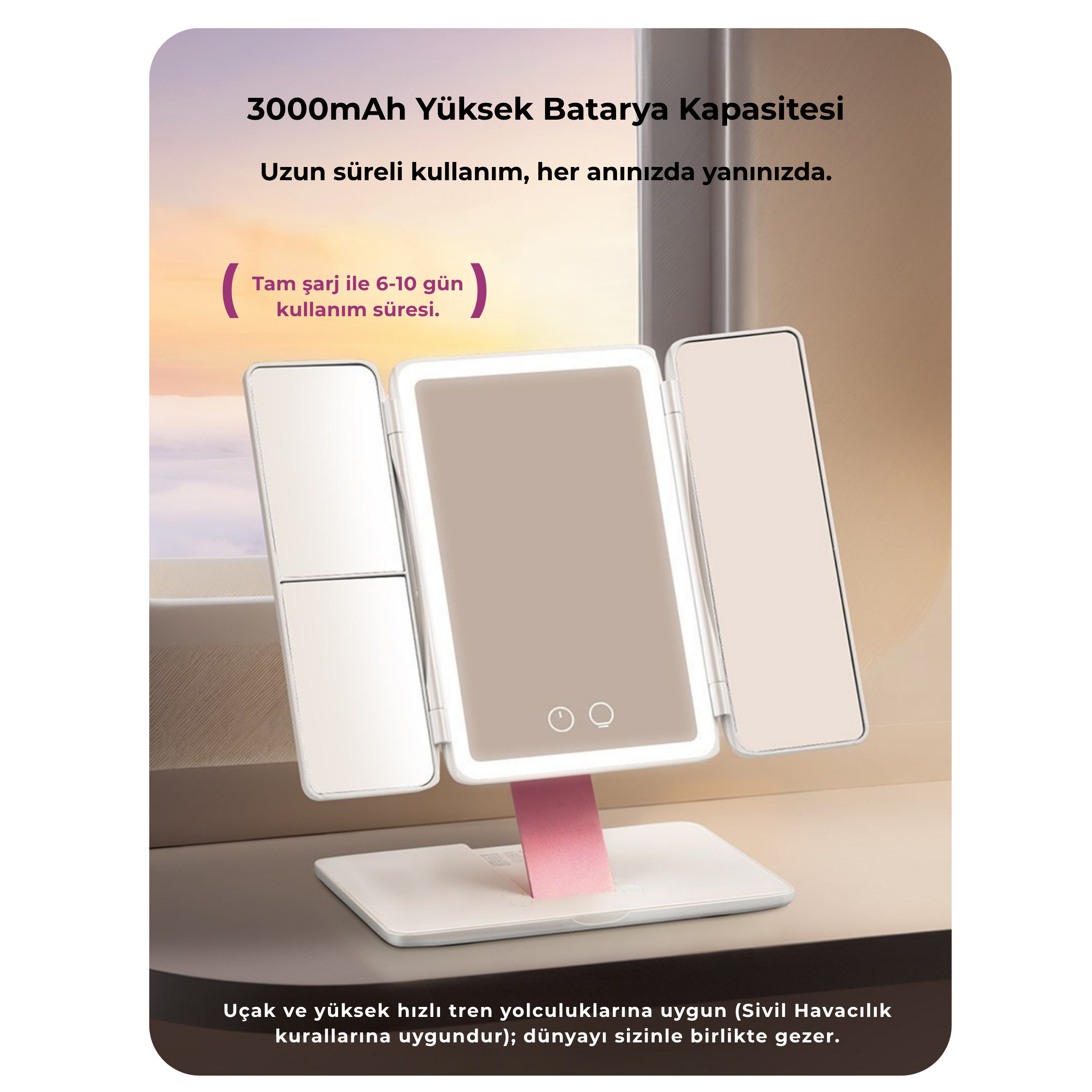 Katlanabilir Işıklı Seyahat Makyaj Aynası – 3 Panelli LED’li Taşınabilir Akıllı Ayna